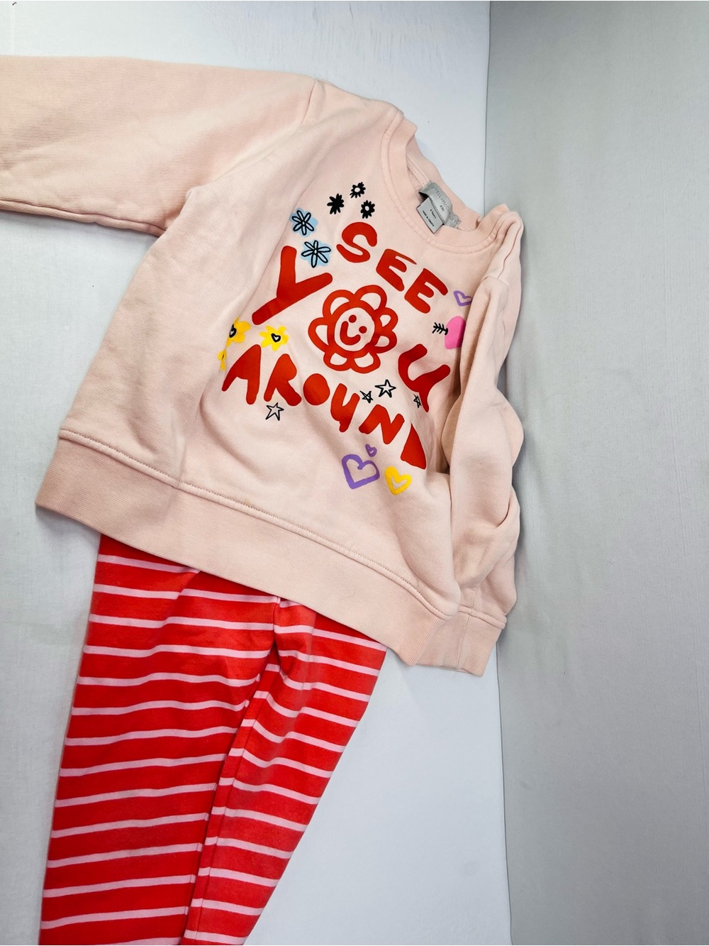 Hanna Andersson Pink Sweatshirt & Red Striped Leggings Kids Matching Set